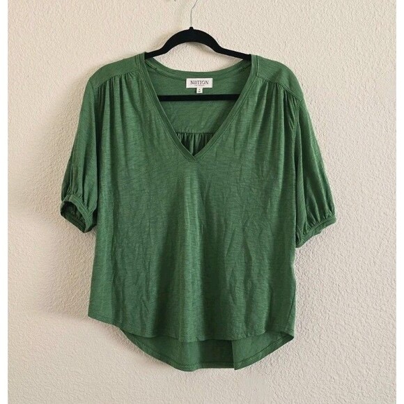 NATION Los Angeles 2025 Edie Shirred Elbow-Sleeve V-Neck Tee Green Lawn Size S - Picture 2 of 9